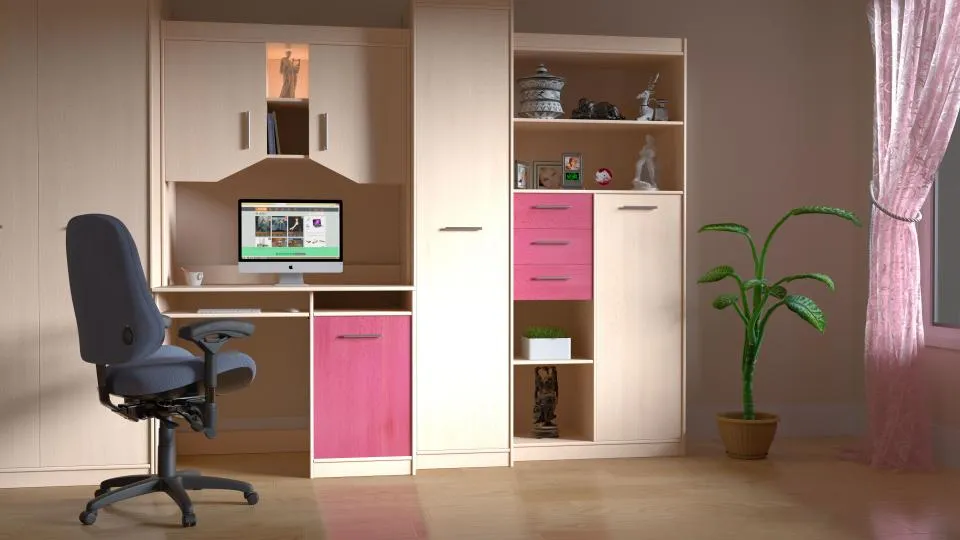 Inbouwkast met bureau en open vakken in een woonkamer
