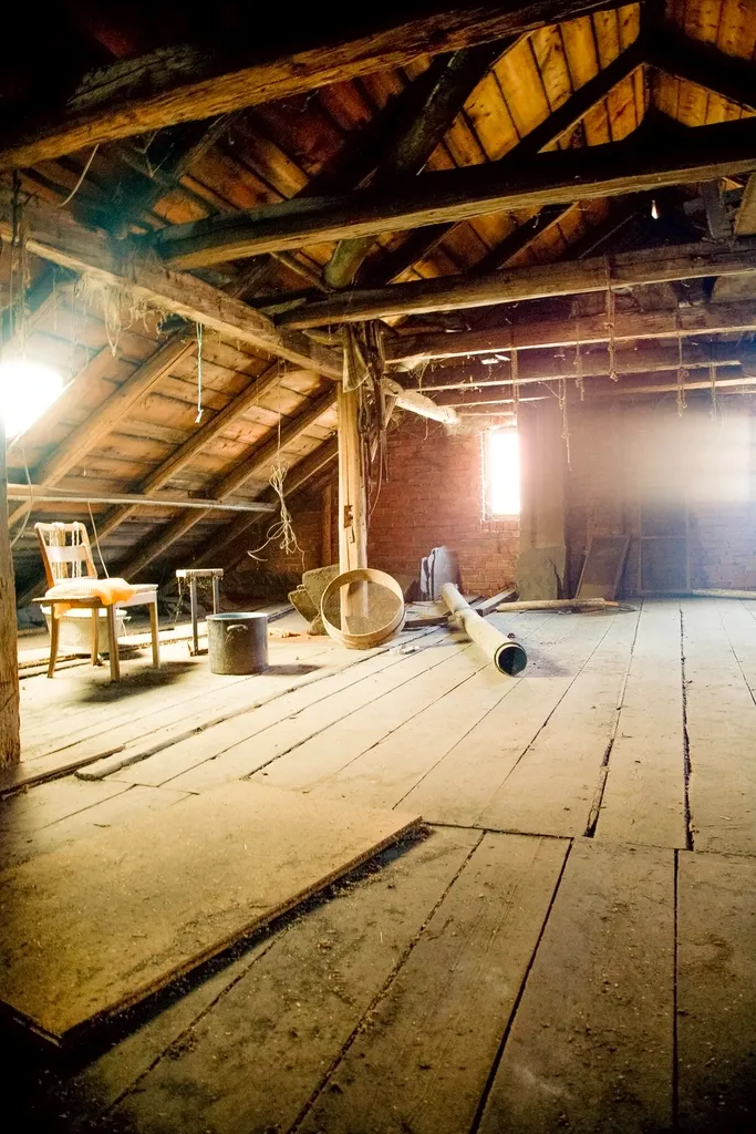 Zolder met houten vloer en dakconstructie voor renovatie